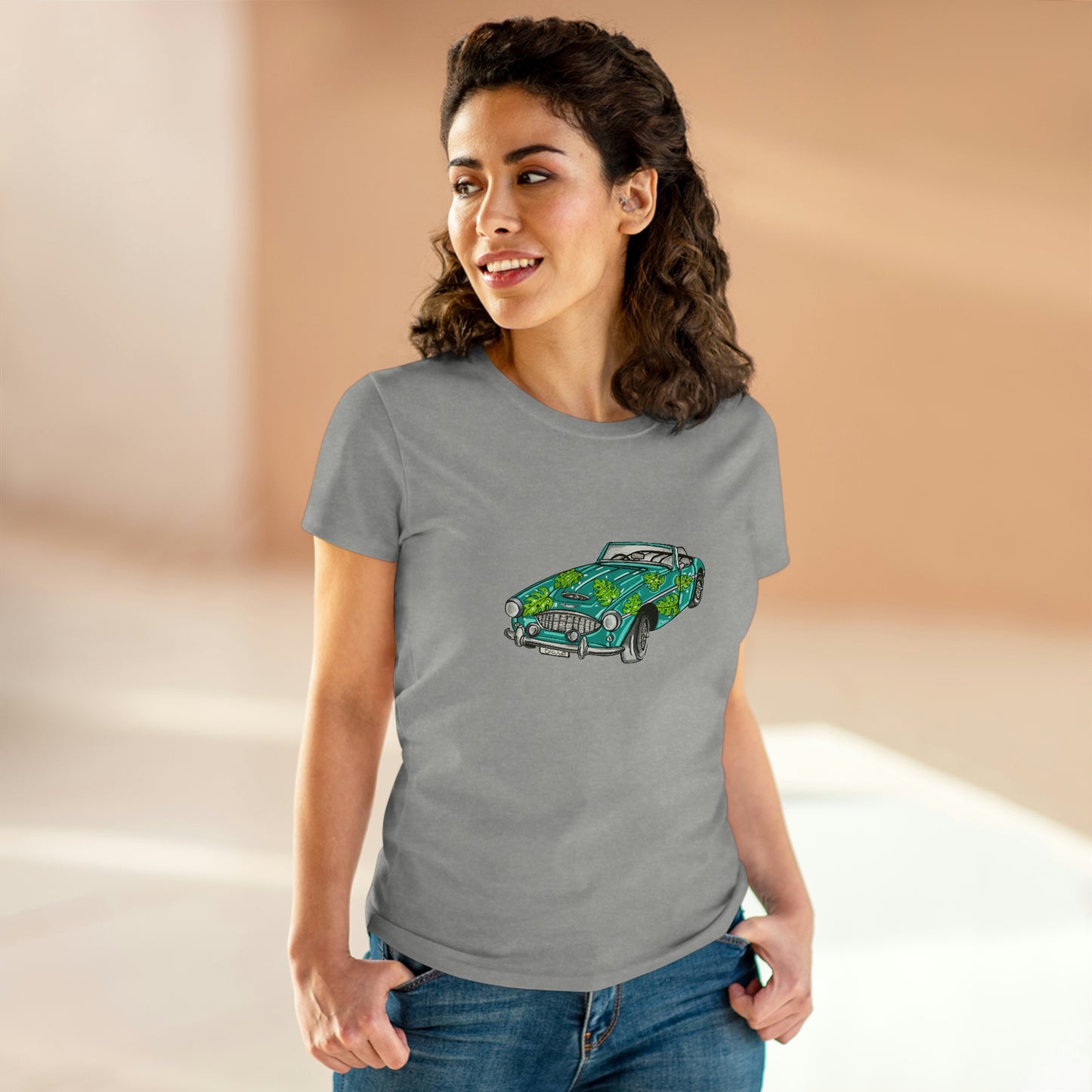 Women's T shirt Austin Healey Roadster "Monstera Car"