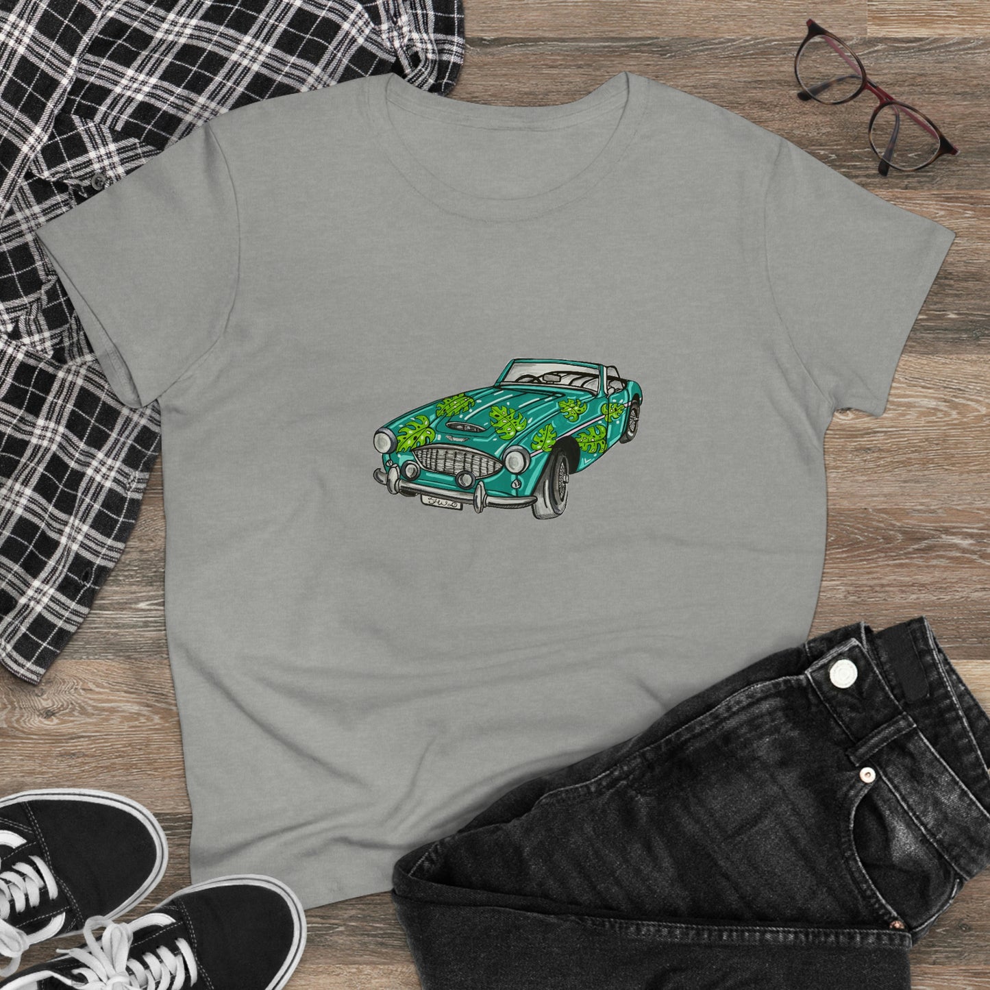 Women's T shirt Austin Healey Roadster "Monstera Car"