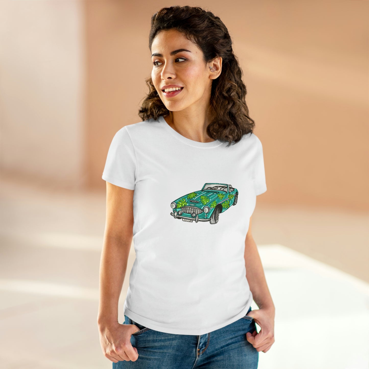 Women's T shirt Austin Healey Roadster "Monstera Car"