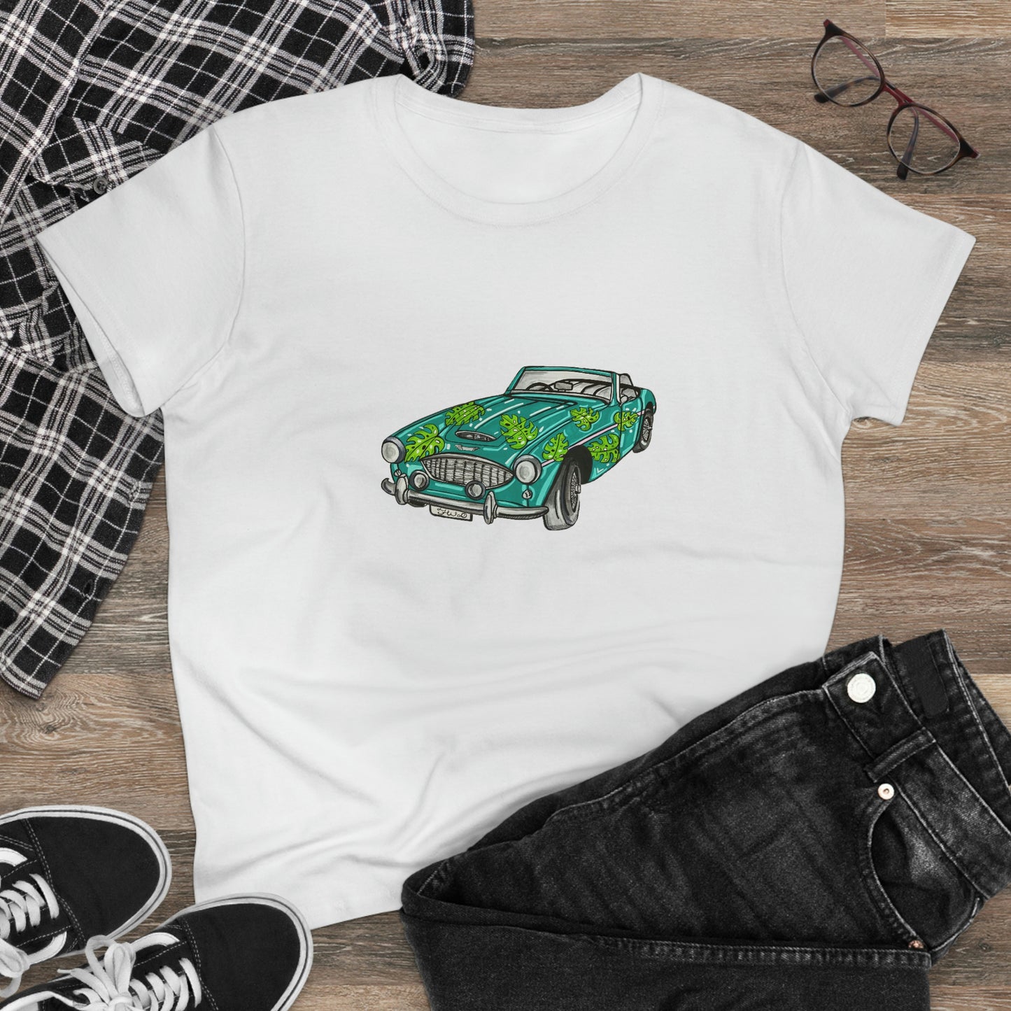 Women's T shirt Austin Healey Roadster "Monstera Car"