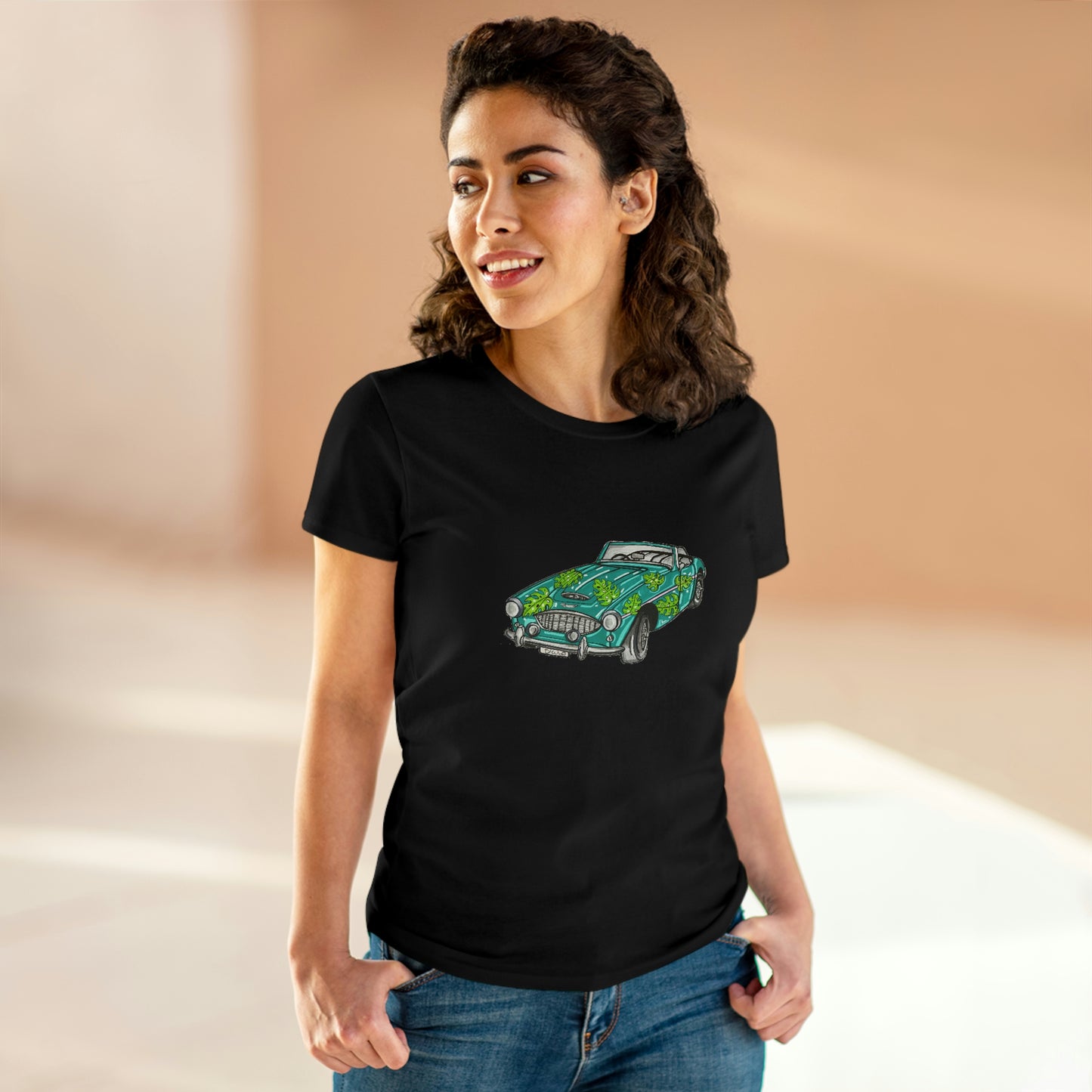 Women's T shirt Austin Healey Roadster "Monstera Car"